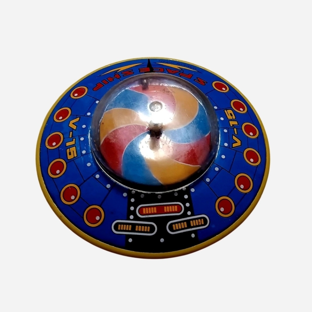 Antique Tin UFO Top Toy - Multicolor Swirl Dome